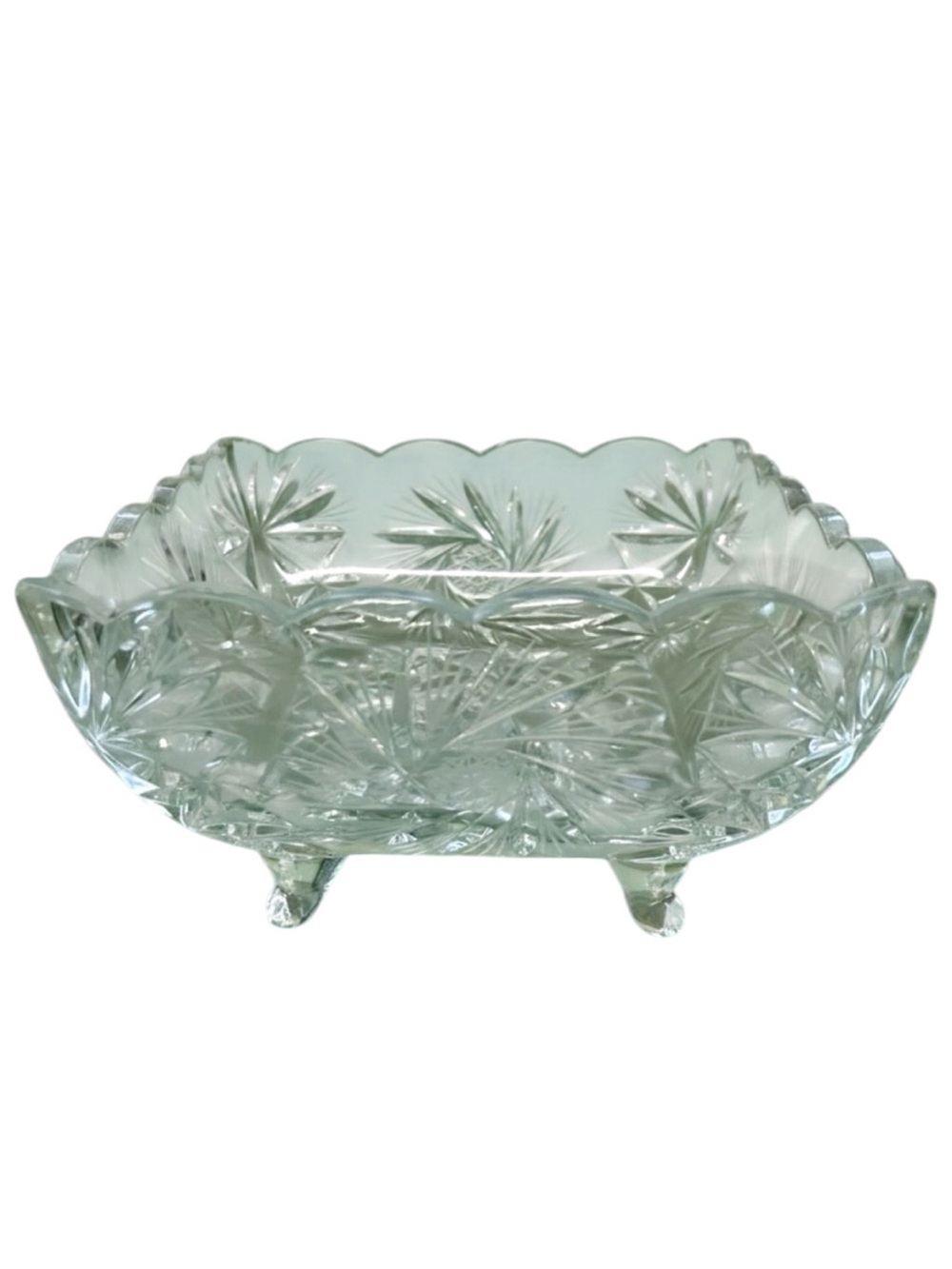 Vintage Footed Crystal Glass Scalloped Edge Square Centerpiece Fruit Bowl